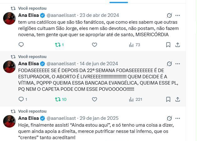 Três posts de Ana Elisa no X entre 2024 e 2025, atacando católicos, a bancada evangélica e dizendo que quem apoia a direita merece putrificar no inferno.