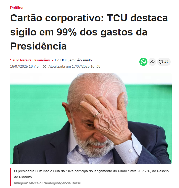 Cartão corporativo: TCU destaca sigilo em 99% dos gastos da Presidência