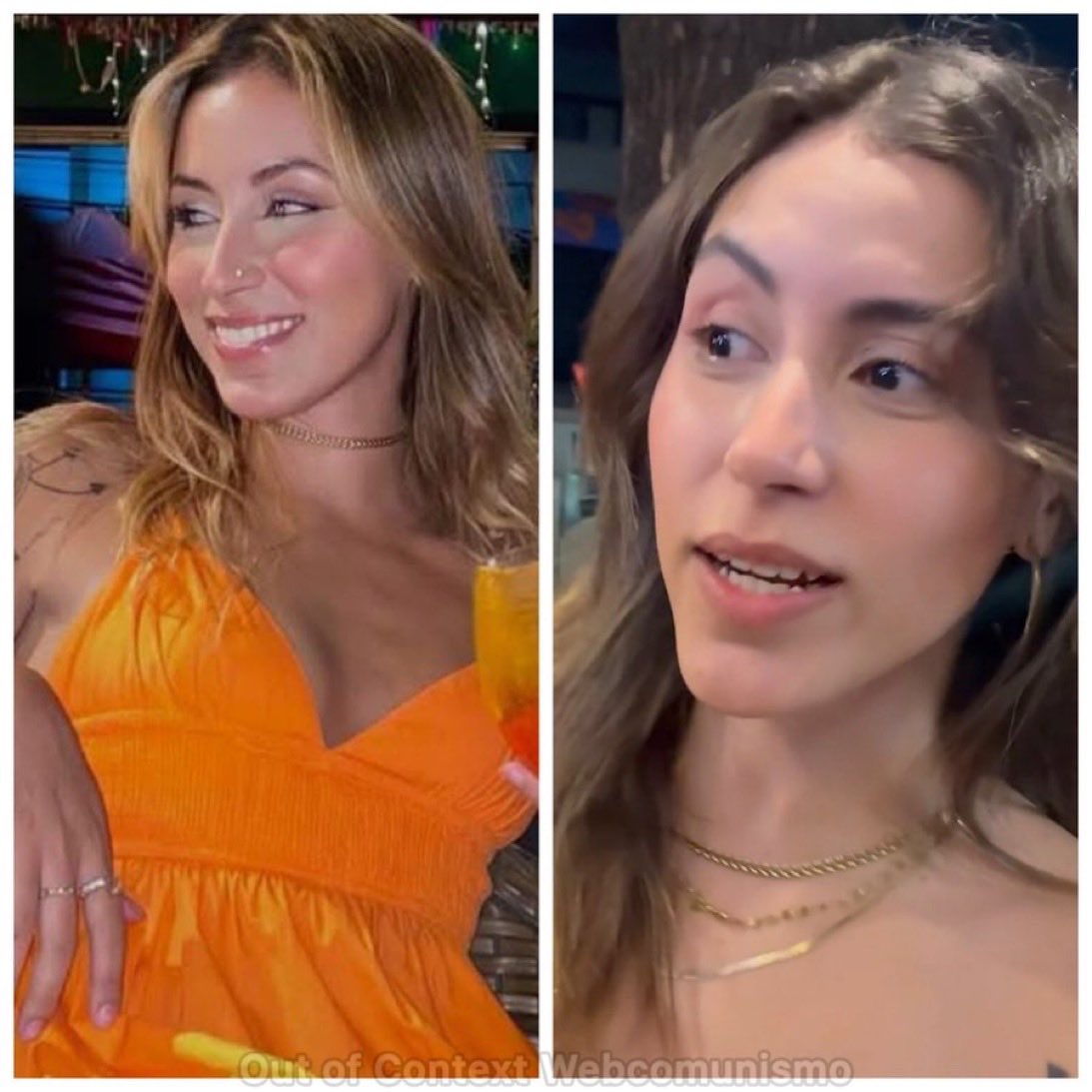 Montagem com duas fotos da mesma jovem, uma de vestido laranja e outra falando para a câmera, com marca d'água Out of Context Webcomunismo.