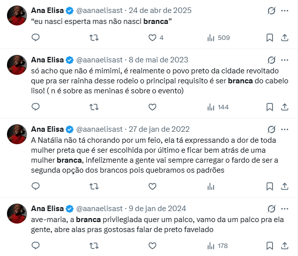 Quatro posts de Ana Elisa no X entre 2022 e 2025 atacando pessoas brancas.