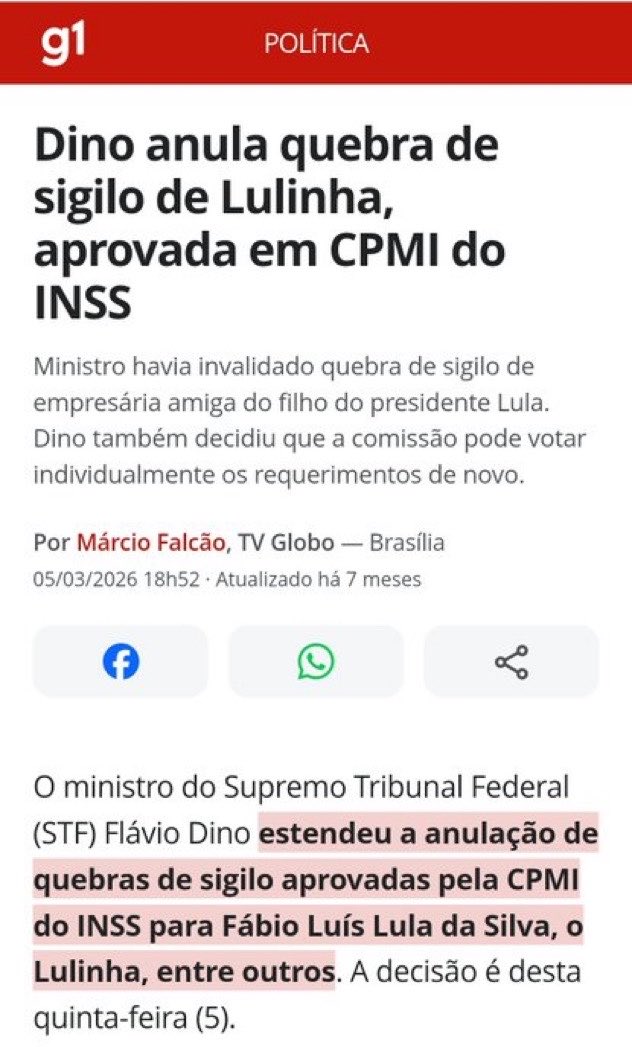 Dino anula quebra de sigilo de Lulinha, aprovada em CPMI do INSS