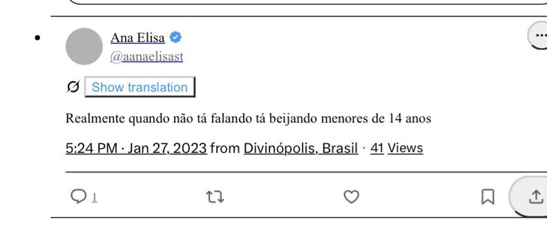 Post de Ana Elisa no X, janeiro de 2023, com comentário sobre beijar menores de 14 anos.