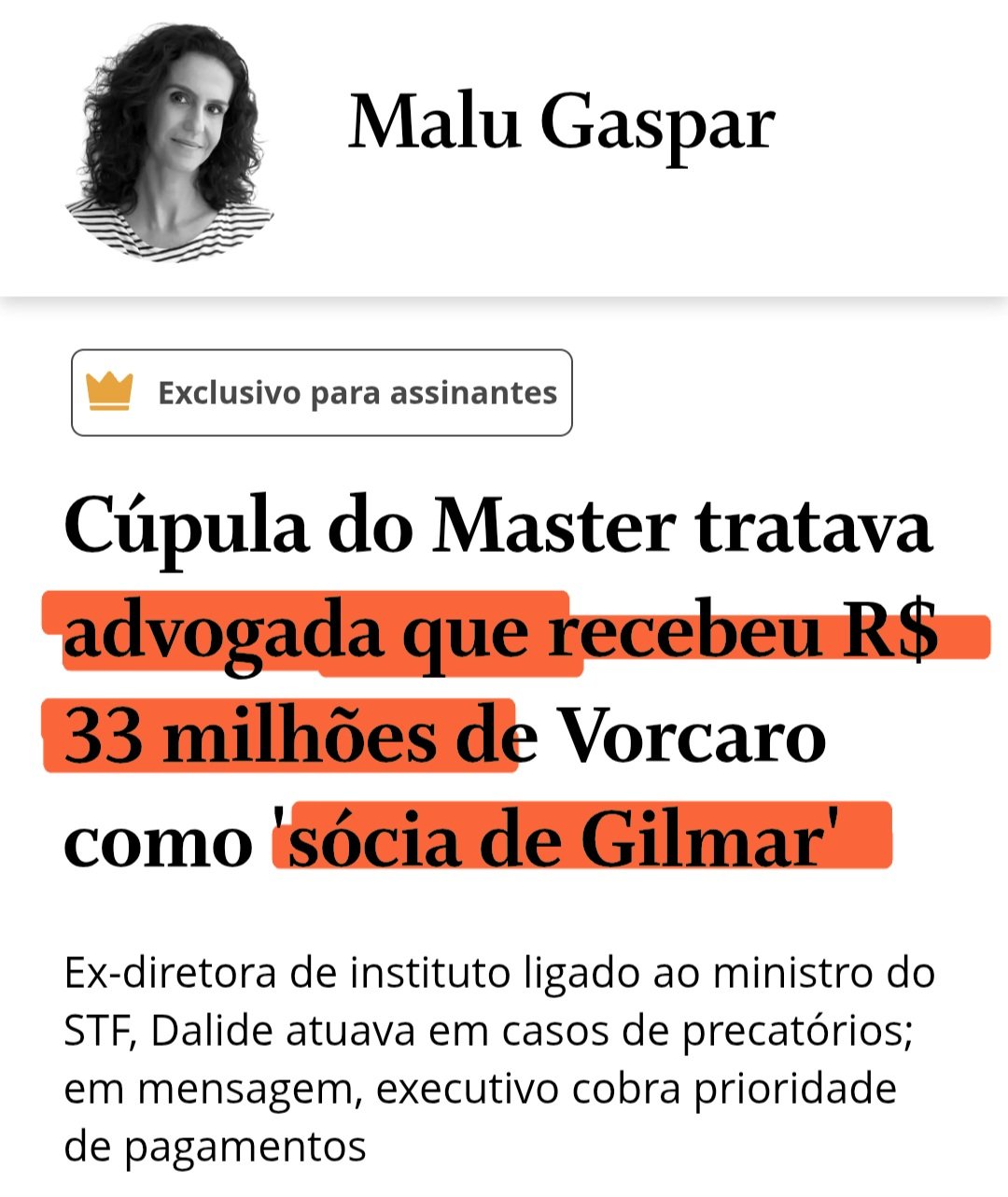 Manchete O Globo de Malu Gaspar mostrando ligação de sócia de Gilmar Mendes com Vorcaro