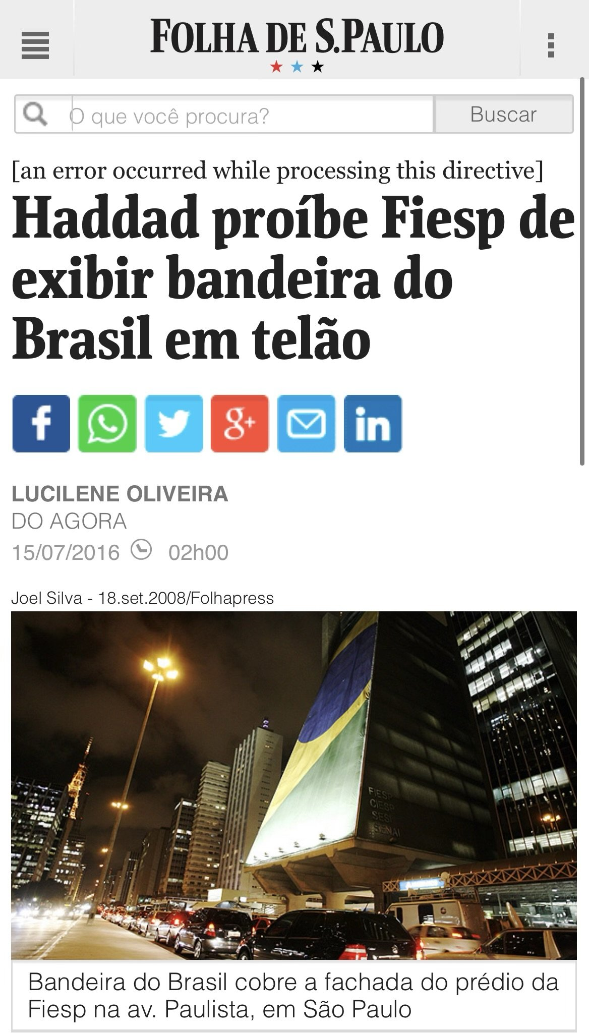 Haddad proíbe Fiesp de exibir bandeira do Brasil em telão