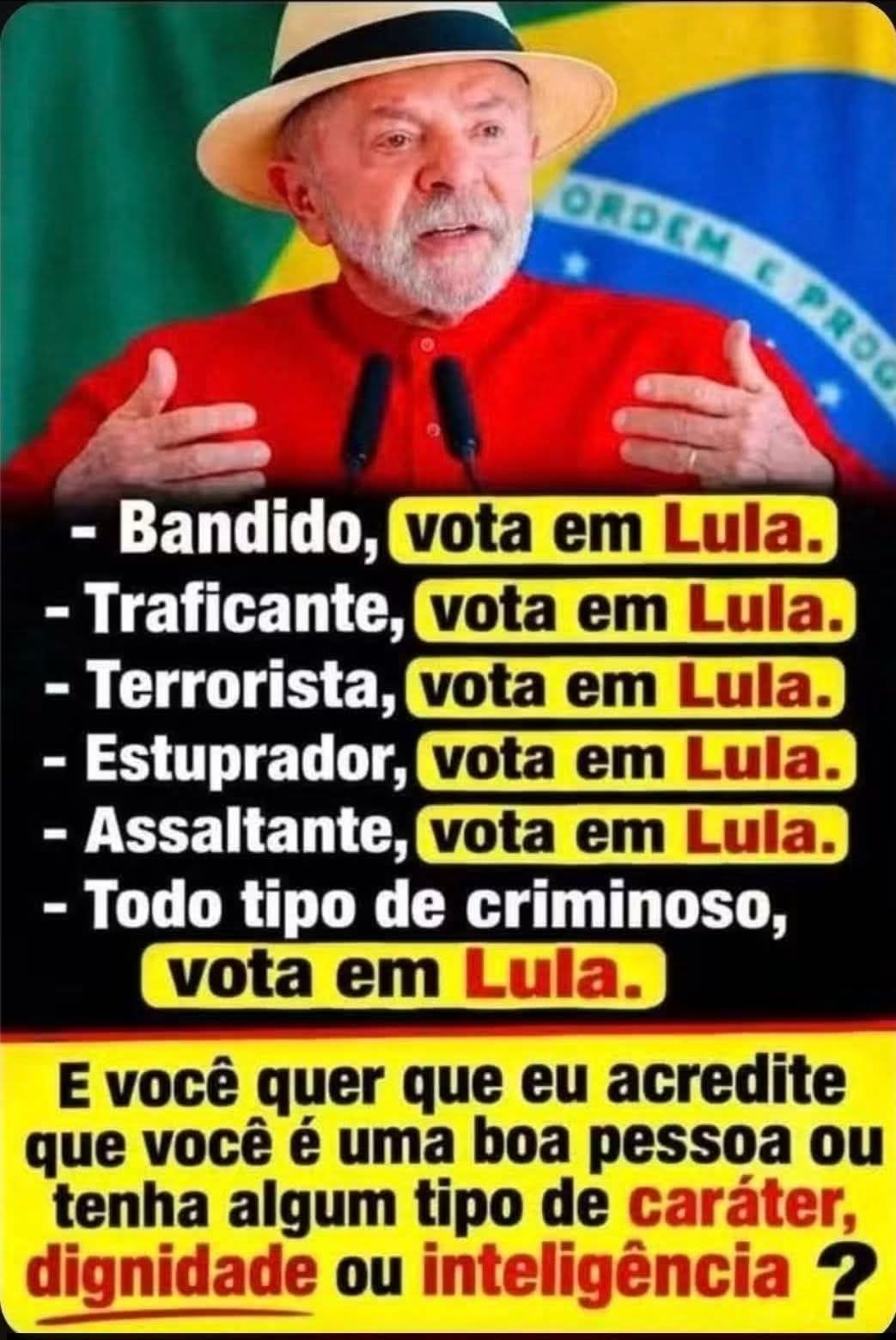 Meme com Lula de camisa vermelha e a lista: bandido, traficante, terrorista, estuprador e assaltante votam em Lula.