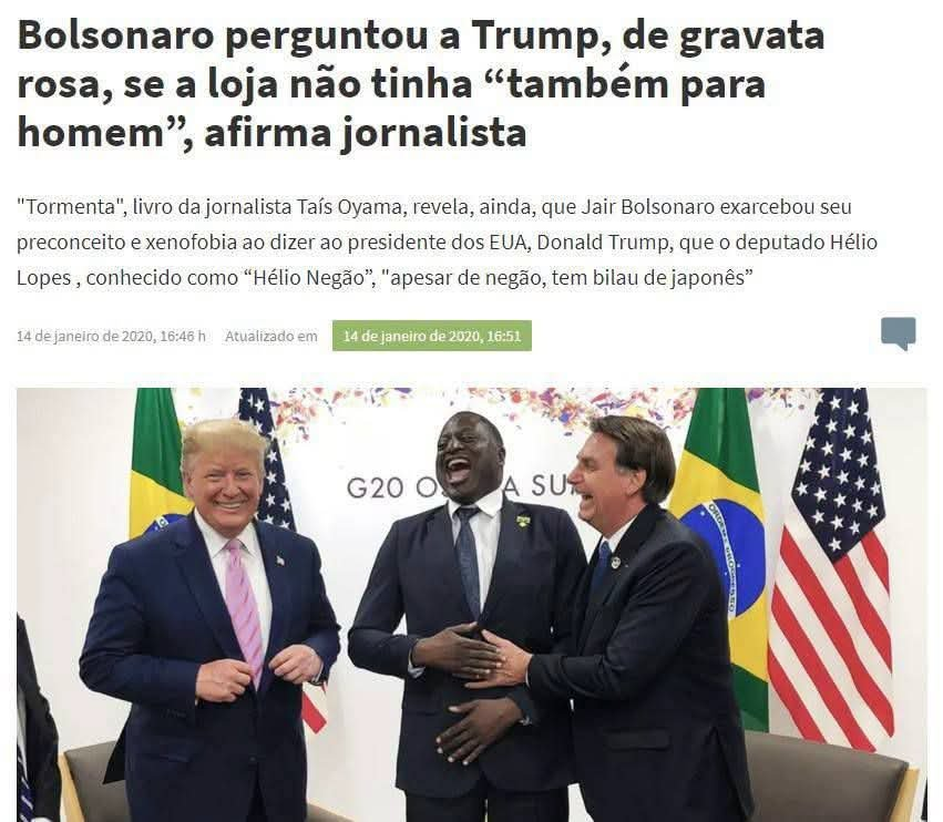 Matéria de 14/01/2020 sobre o livro Tormenta, da jornalista Taís Oyama, com foto de Donald Trump, Hélio Lopes e Jair Bolsonaro rindo no G20 de Osaka.