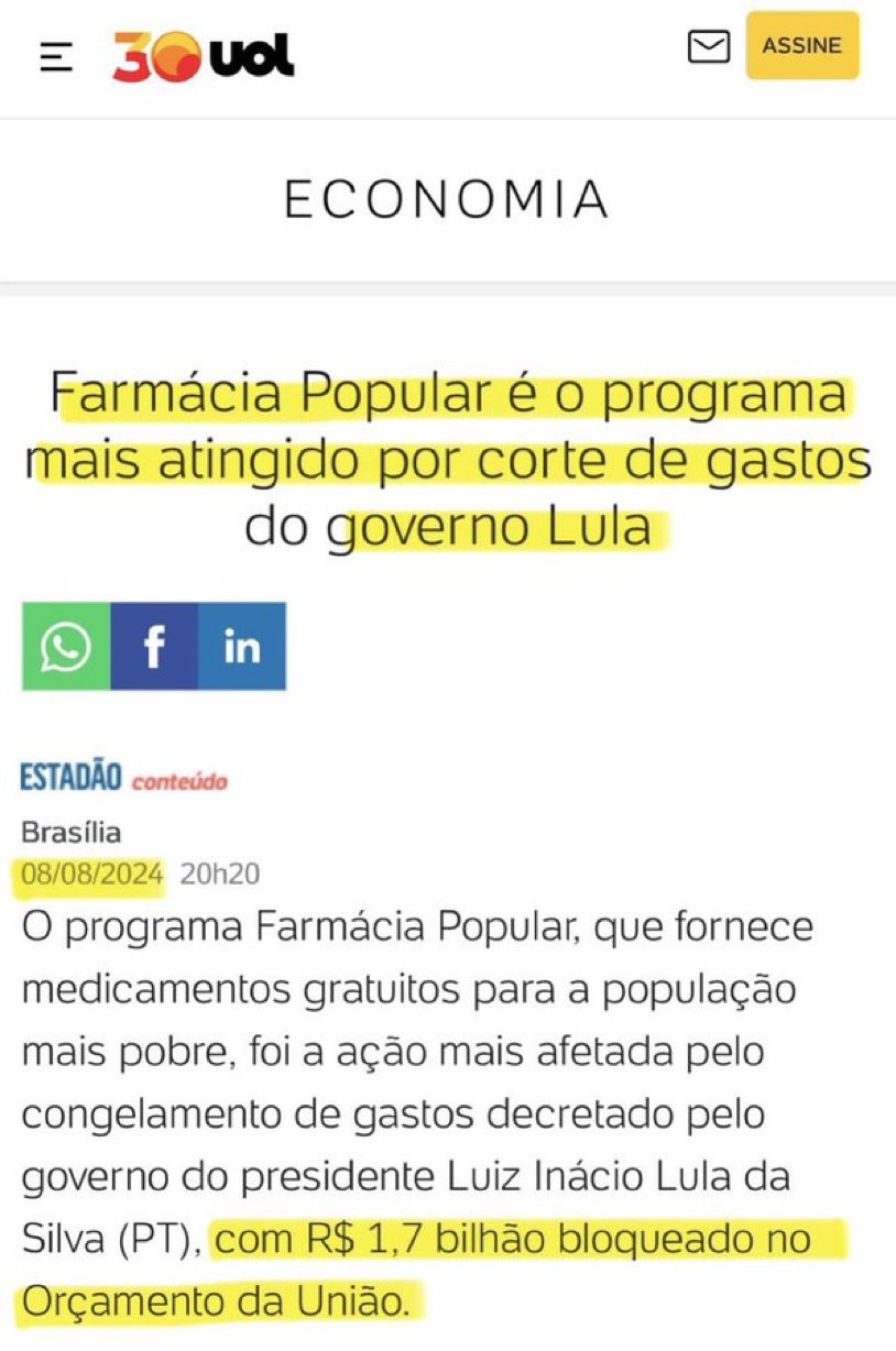 UOL/Estadão, 8 de agosto de 2024. Farmácia Popular teve R$ 1,7 bilhão bloqueado no Orçamento da União pelo congelamento de gastos do governo Lula.